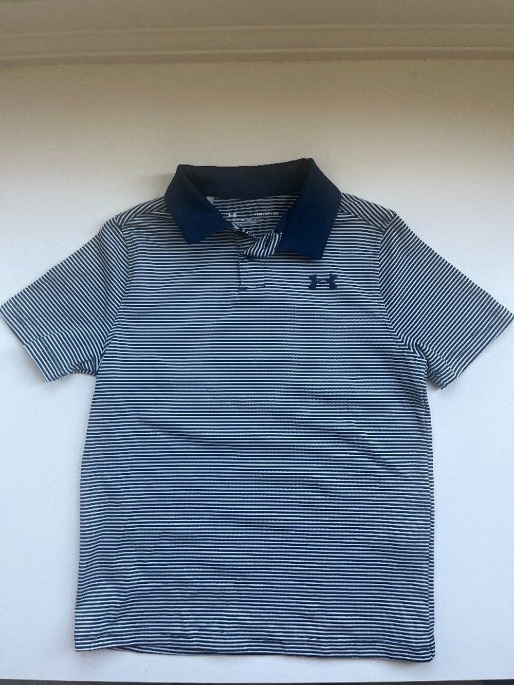 Boys Navy Striped Under Armour Golf Polo
